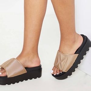PLT Taupe Velcro Strap Platform Slides